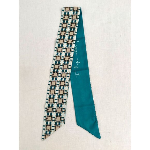 Slim Scarf 34in Teal Geometric Print Double Sided Neck Head Hair Bag Wrap  No32 - Picture 3 of 9
